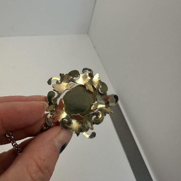 Vintage Jasper Pendant Necklace Ornate Gold Tone Chain 24 in Gothic - Picture 7 of 8